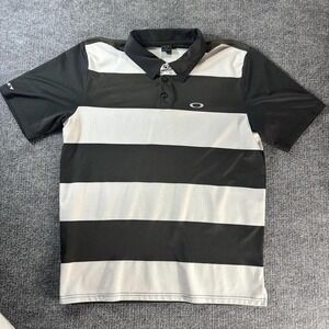 Oakley Polo Shirt Mens Large Black Gray Striped Golf Performance Top